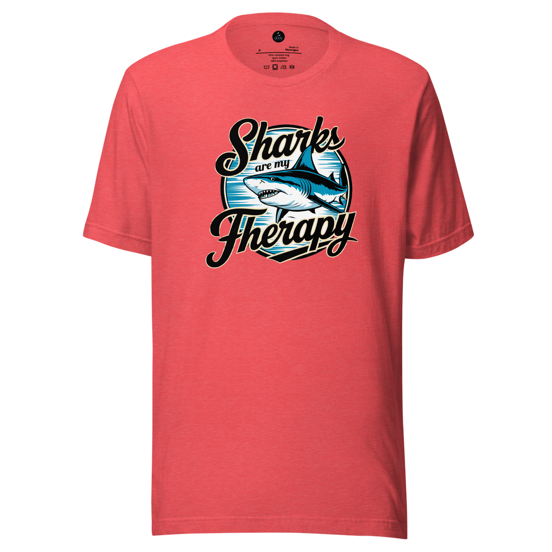 Red t-shirt with 'Sharks are my Therapy' graphic design on a white background