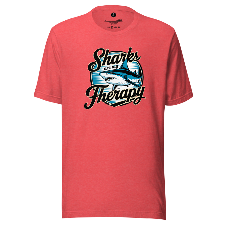 Red t-shirt with 'Sharks are my Therapy' graphic design on a white background