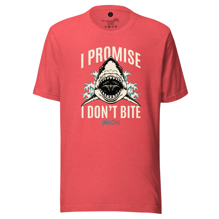 Red t-shirt with a shark graphic and i promise i don't bite much text on a white background