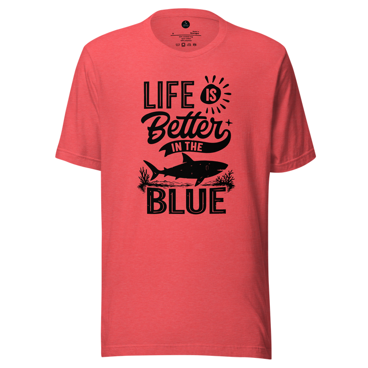Red t-shirt with 'Life is Better in the Blue' graphic design on a white background