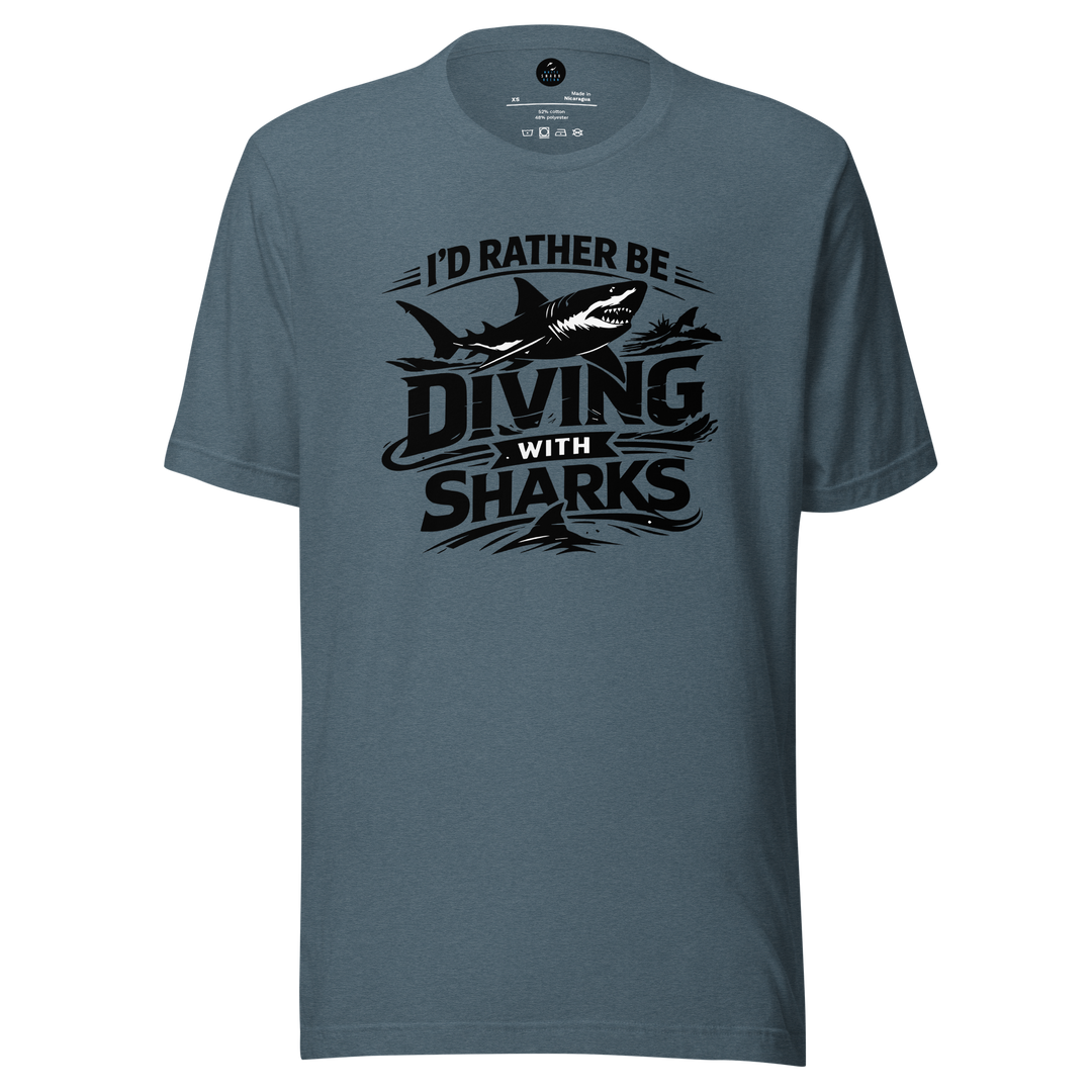 Blue t-shirt with 'I'd Rather Be Diving With Sharks' text and shark graphic on a white background.