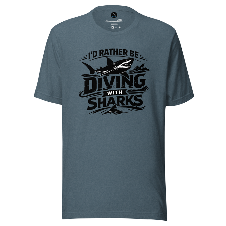 Blue t-shirt with 'I'd Rather Be Diving With Sharks' text and shark graphic on a white background.