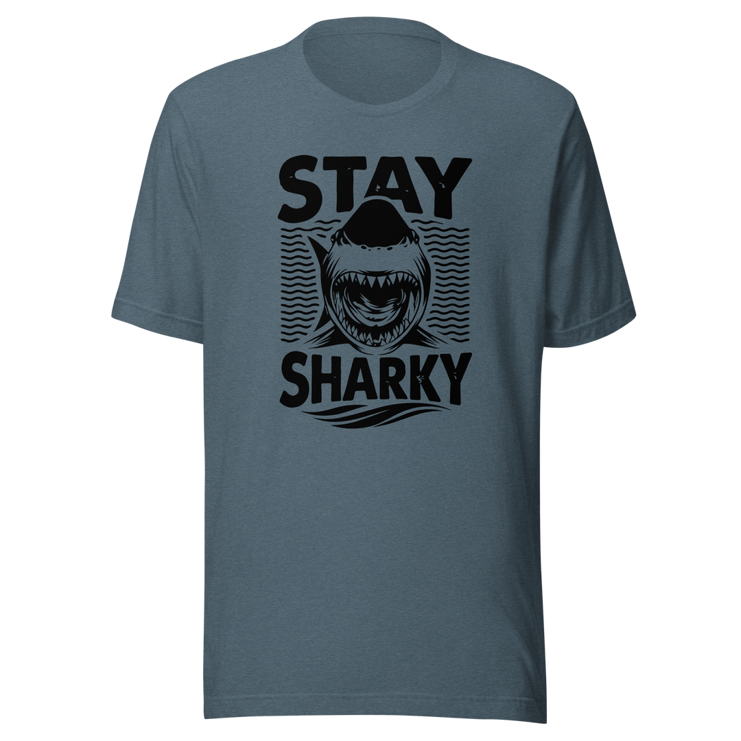 Blue t-shirt with a shark graphic and 'Stay Sharky' text on a white background