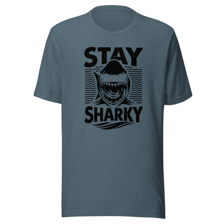 Blue t-shirt with a shark graphic and 'Stay Sharky' text on a white background