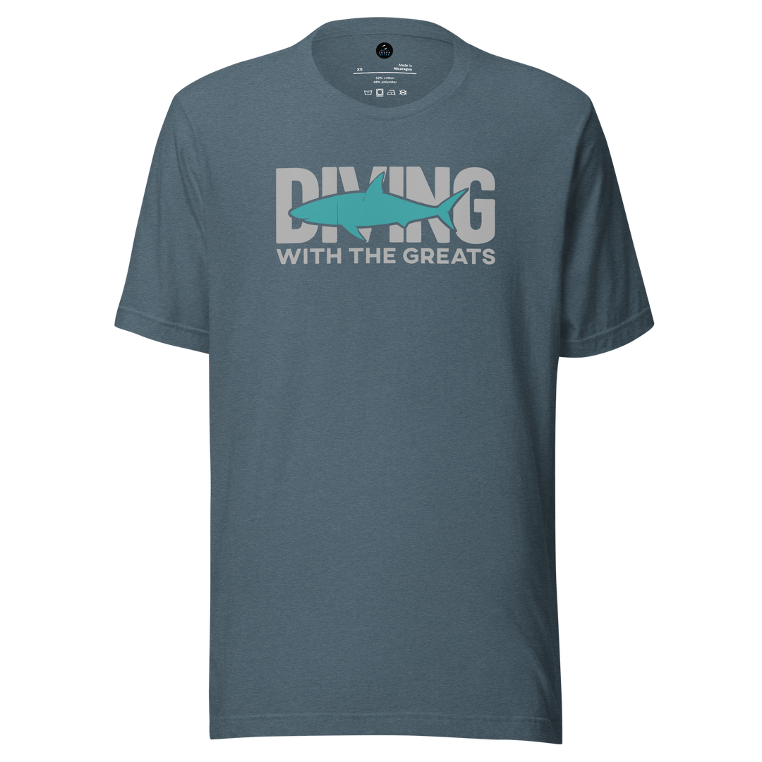 Blue t-shirt with 'Diving with the Greats' text and fish graphic on a white background