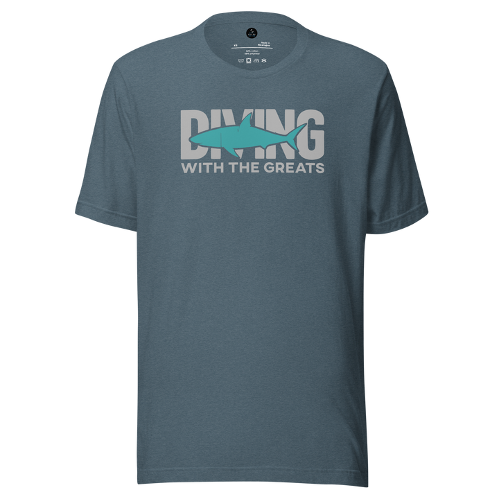 Blue t-shirt with 'Diving with the Greats' text and fish graphic on a white background