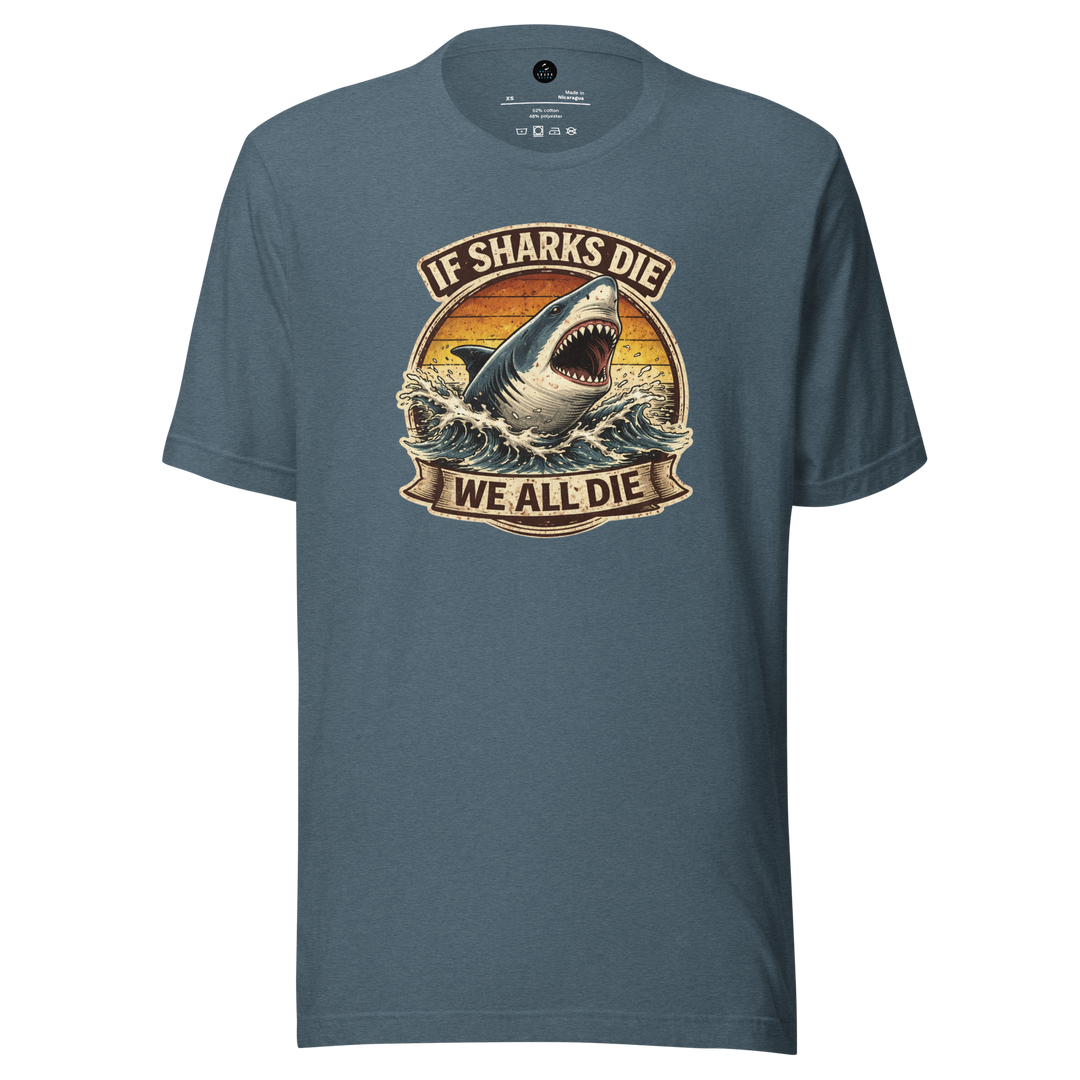 Blue t-shirt with shark graphic and "if sharks die we all die" text on a white background