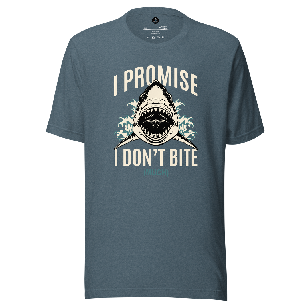 Blue t-shirt with shark graphic and text 'I Promise I Don't Bite' on a white background