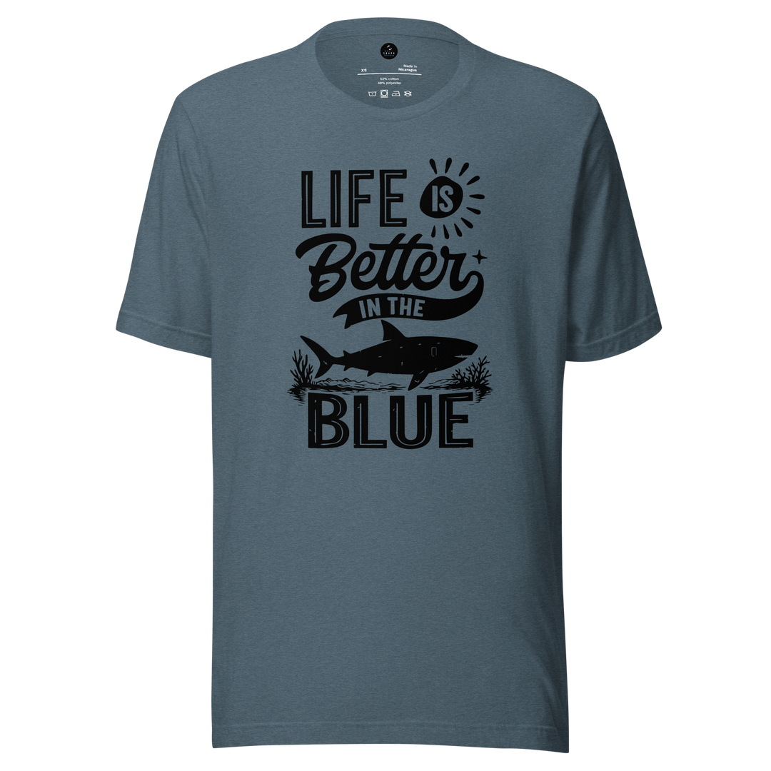 Blue t-shirt with 'Life is Better in the Blue' text and fish graphic on a white background