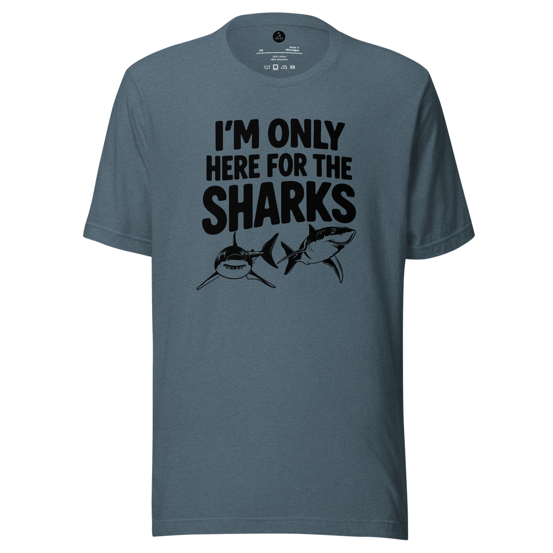 Blue t-shirt with 'I'm only here for the sharks' text and shark graphics on a white background