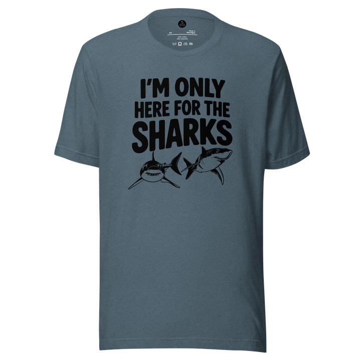 Blue t-shirt with 'I'm only here for the sharks' text and shark graphics on a white background