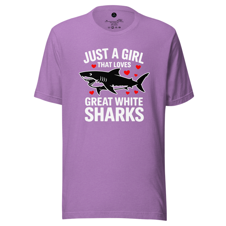 Purple t-shirt with a graphic of a shark and text on a white background
