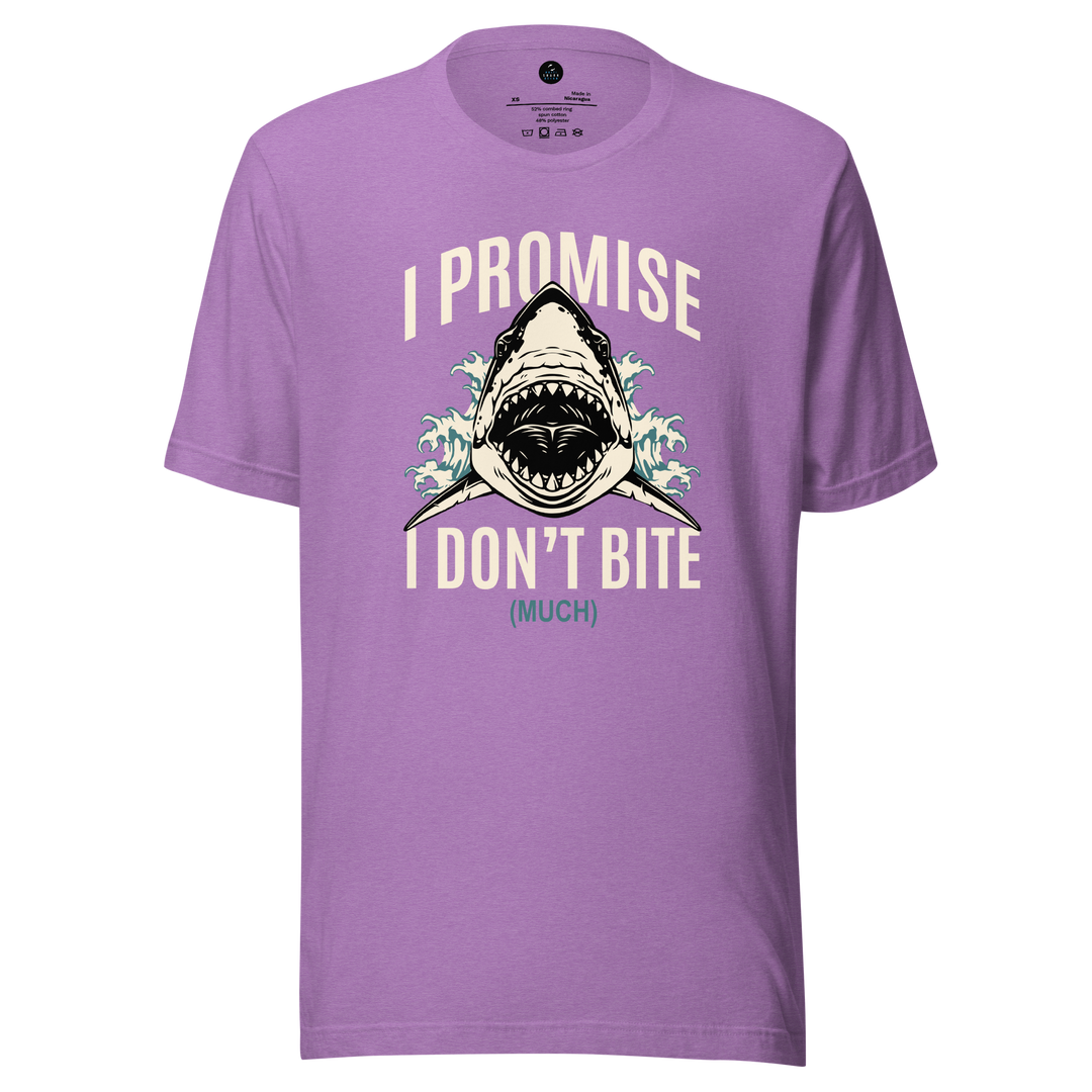Purple t-shirt with shark graphic and text 'I Promise I Don't Bite (Much)' on a white background
