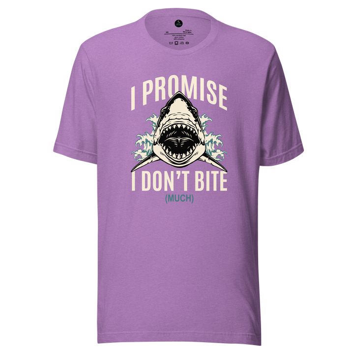 Purple t-shirt with shark graphic and text 'I Promise I Don't Bite (Much)' on a white background