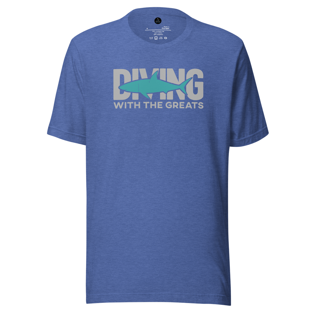 Blue t-shirt with 'Diving with the Greats' text and fish graphic on a white background