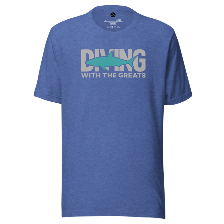 Blue t-shirt with 'Diving with the Greats' text and fish graphic on a white background