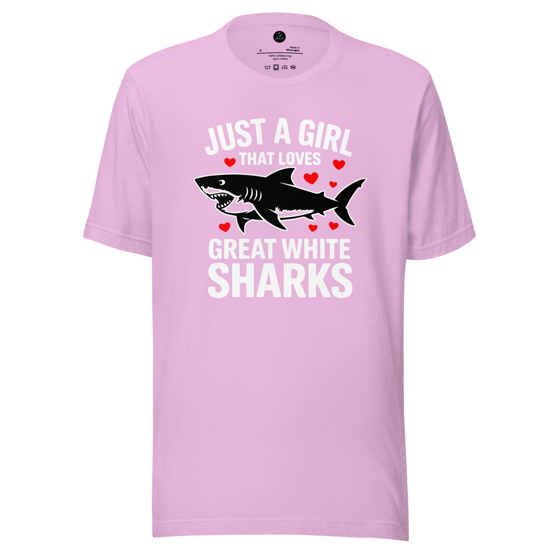 Pink t-shirt with shark graphic and  just a girl that loves great white sharks text on a white background