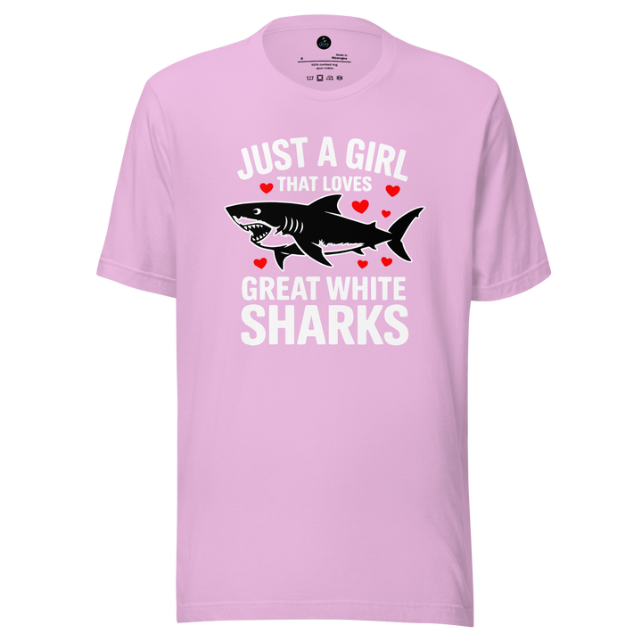 Pink t-shirt with shark graphic and  just a girl that loves great white sharks text on a white background
