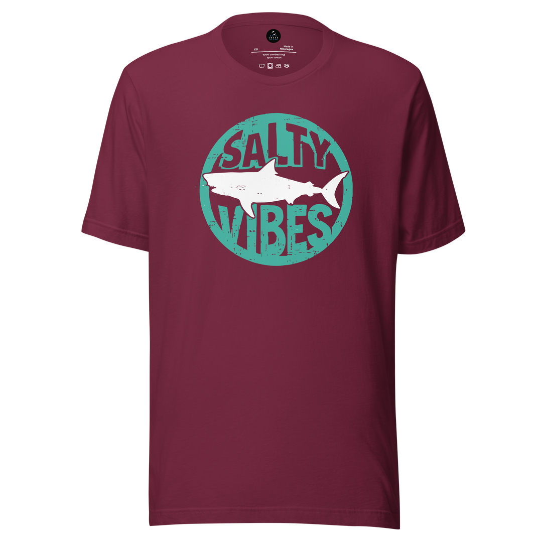 Maroon t-shirt with 'Salty Vibes' shark graphic design featuring a shark on a white background