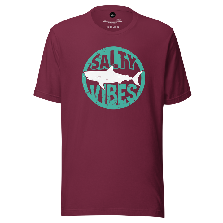 Maroon t-shirt with 'Salty Vibes' shark graphic design featuring a shark on a white background