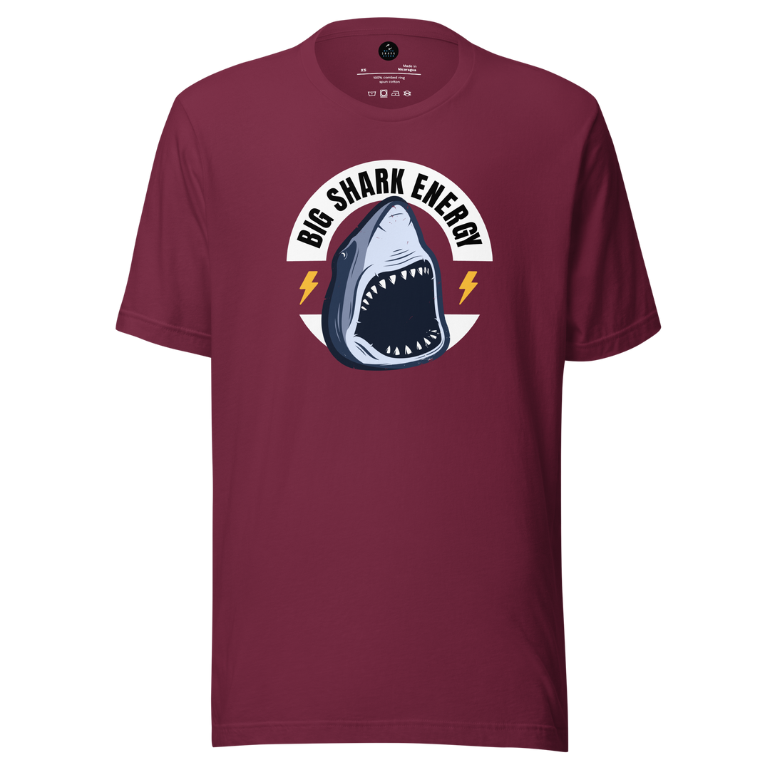 Maroon t-shirt with a shark graphic and 'Big Shark Energy' text on a white background