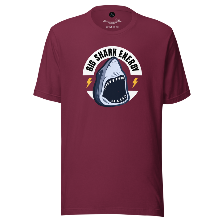 Maroon t-shirt with a shark graphic and 'Big Shark Energy' text on a white background