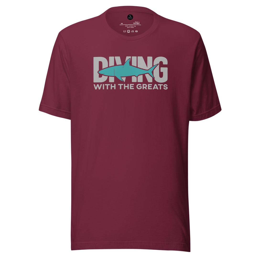 Maroon t-shirt with 'Diving with the Greats' text and shark graphic on a white background