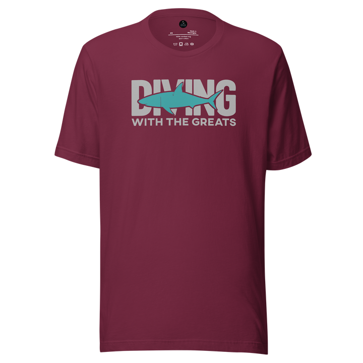 Maroon t-shirt with 'Diving with the Greats' text and shark graphic on a white background