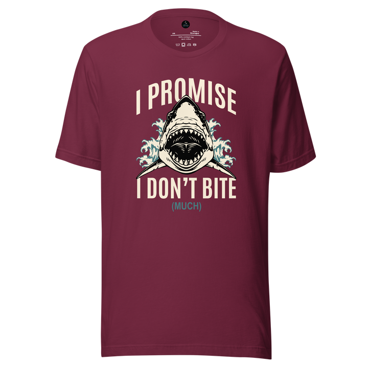 Maroon t-shirt with shark graphic and text 'I Promise I Don't Bite (Much)' on a white background
