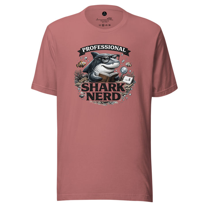 Pink t-shirt with a shark graphic and professional shark nerd text on a white background