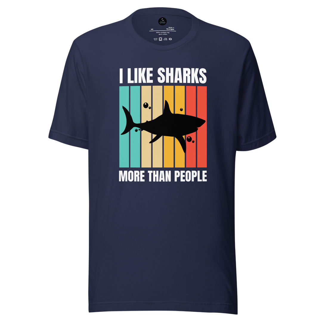 Navy blue t-shirt with shark graphic and text on a white background
