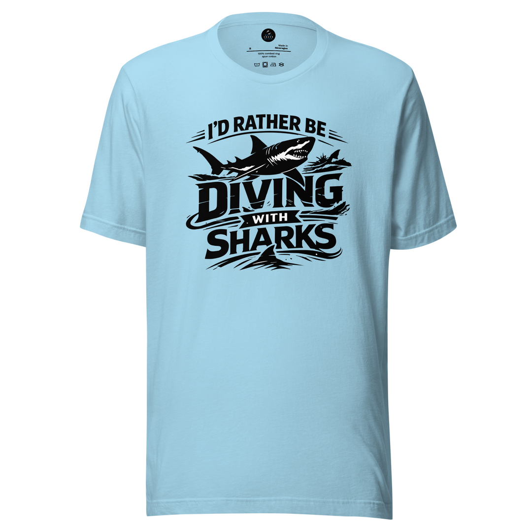 Light blue t-shirt with 'I'd Rather Be Diving With Sharks' text and graphic on a white background