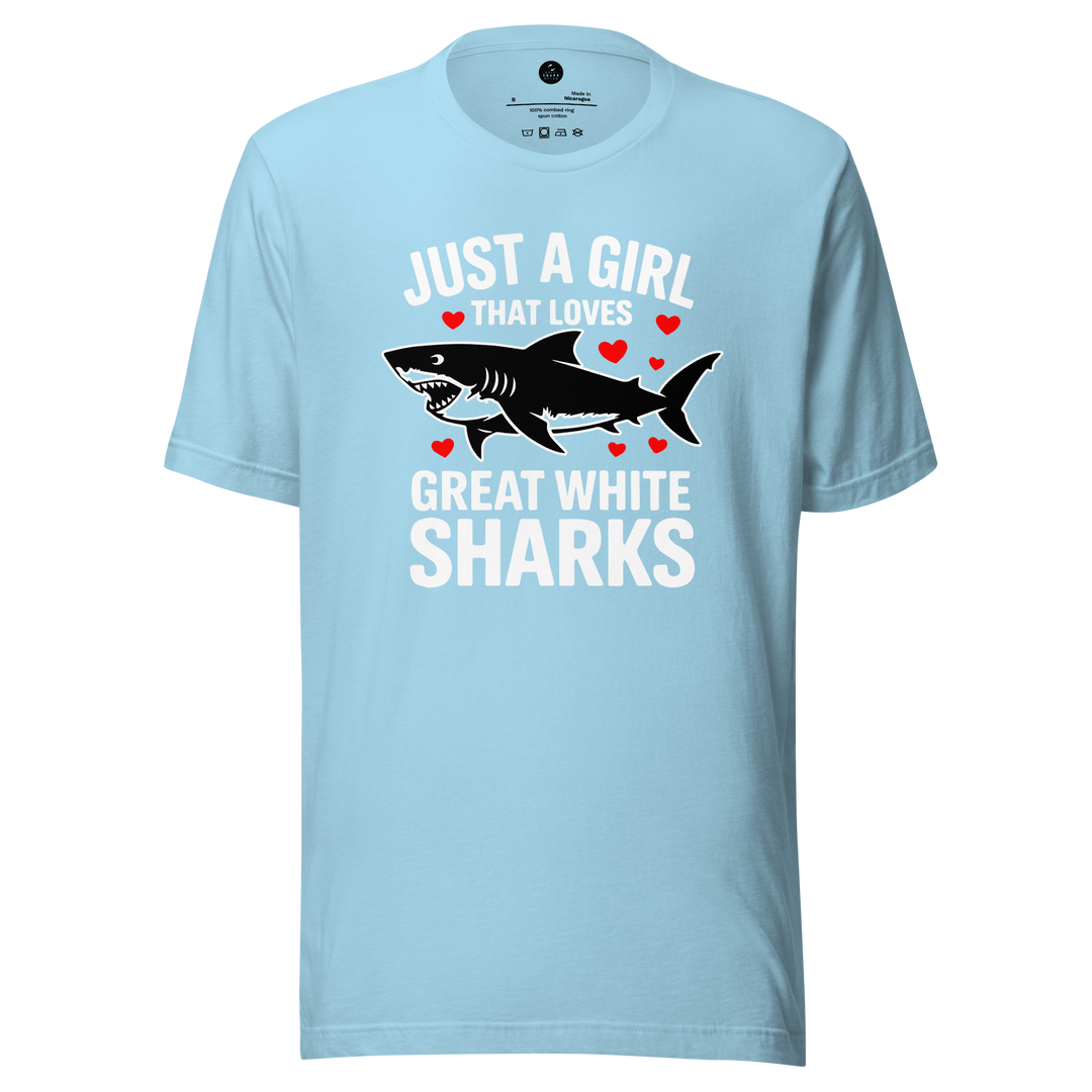 Light blue t-shirt with shark graphic and just a girl that loves great white sharks text on a white background