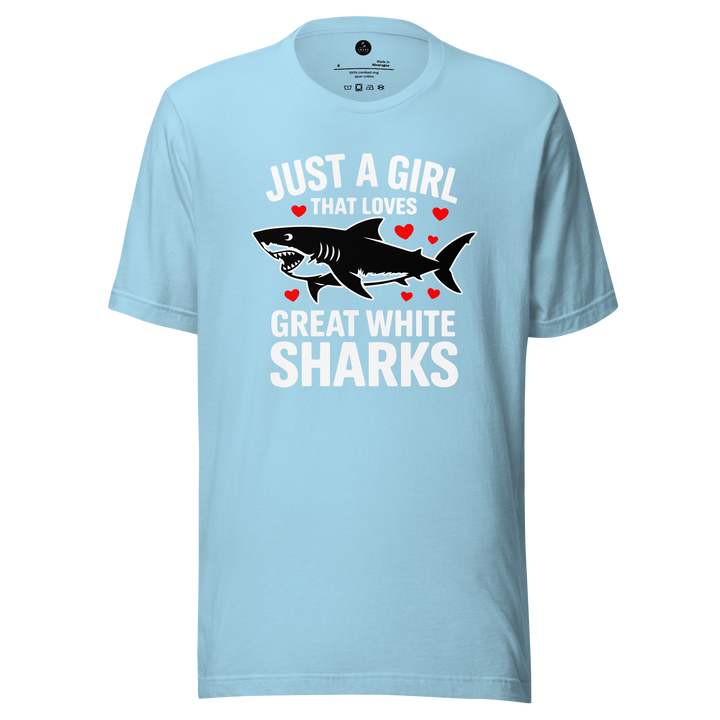 Light blue t-shirt with shark graphic and just a girl that loves great white sharks text on a white background