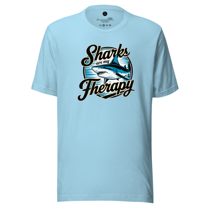 Light blue t-shirt with shark graphic and text on a white background