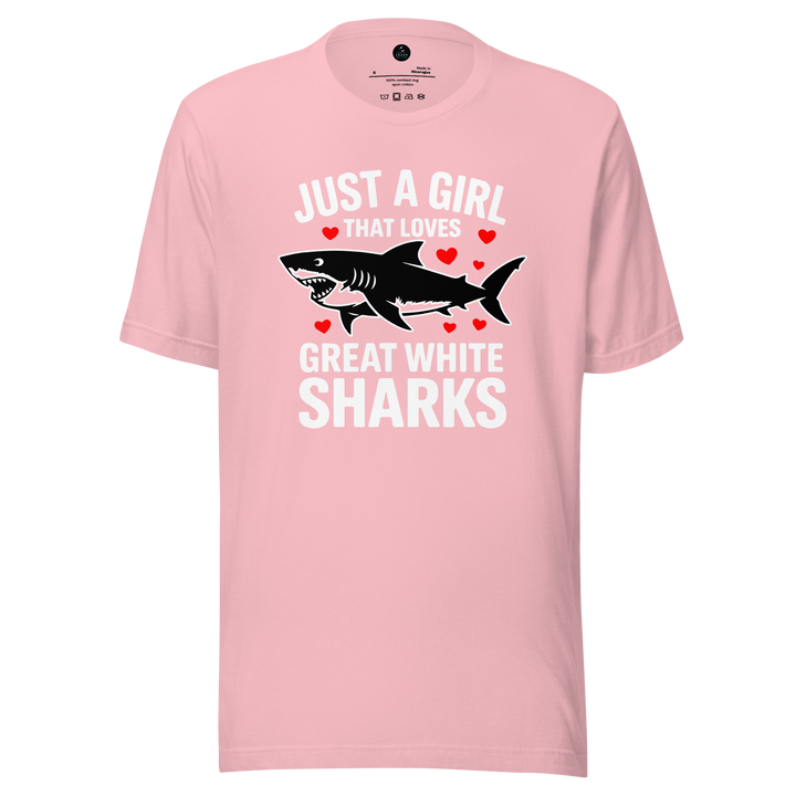 Pink t-shirt with shark graphic and "just a girl that loves great white sharks"text on a white background 