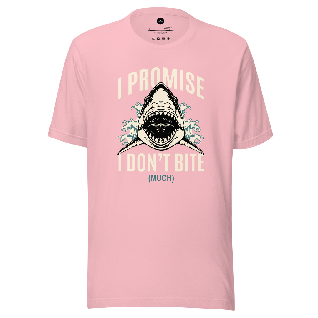 pink t-shirt with graphic and text 'i promise i don't bite much' on a white background