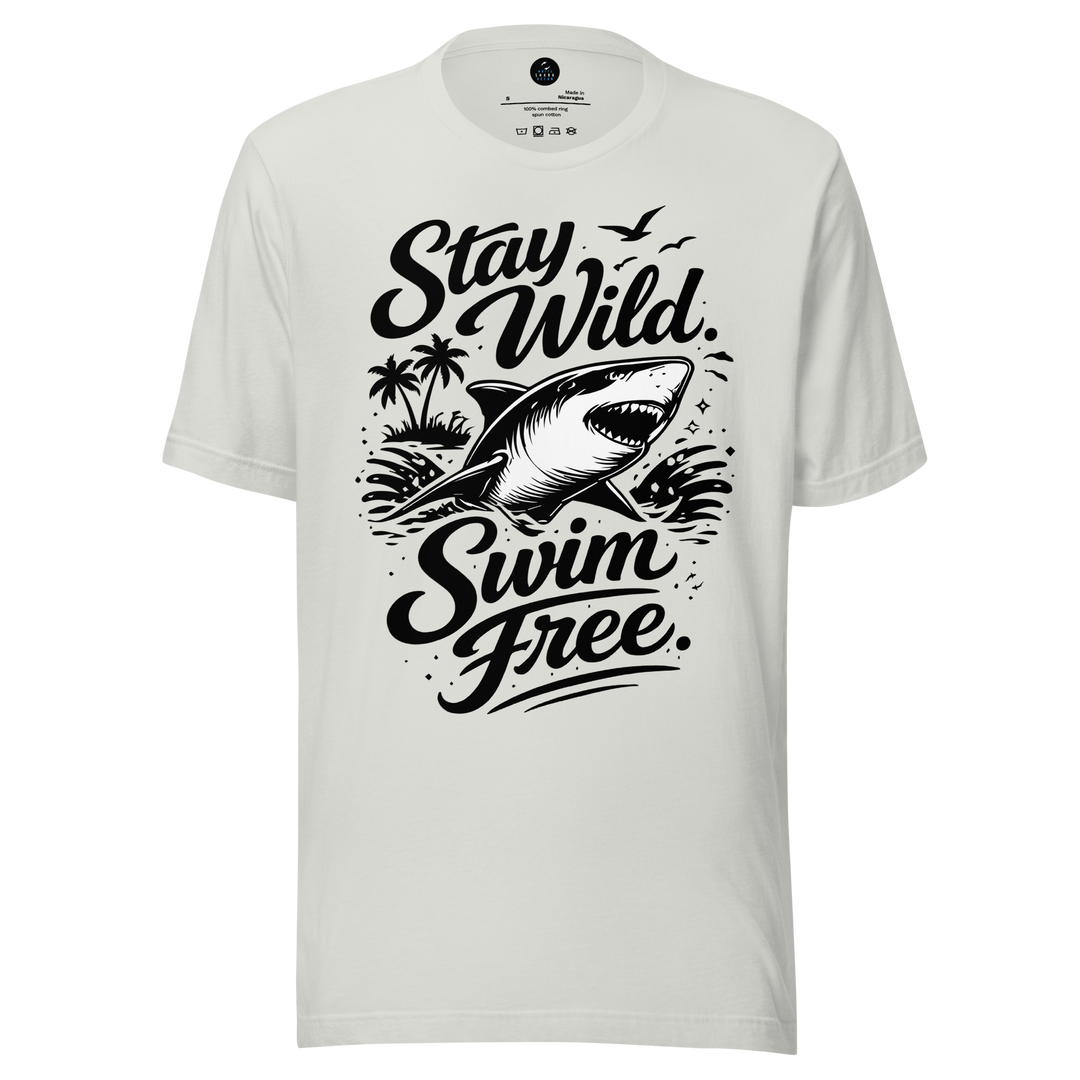 White t-shirt with black shark graphic and 'Stay Wild Swim Free' text on a white background