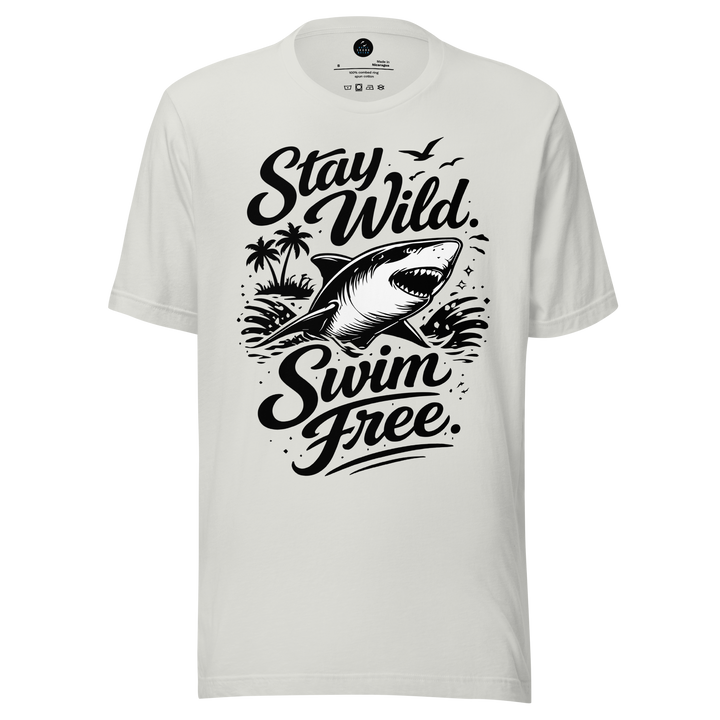 White t-shirt with black shark graphic and 'Stay Wild Swim Free' text on a white background