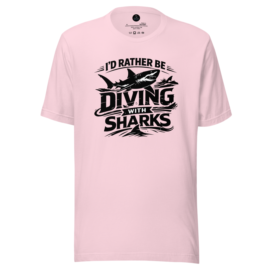 White t-shirt with 'I'd Rather Be Diving With Sharks' text and shark graphic on a white background