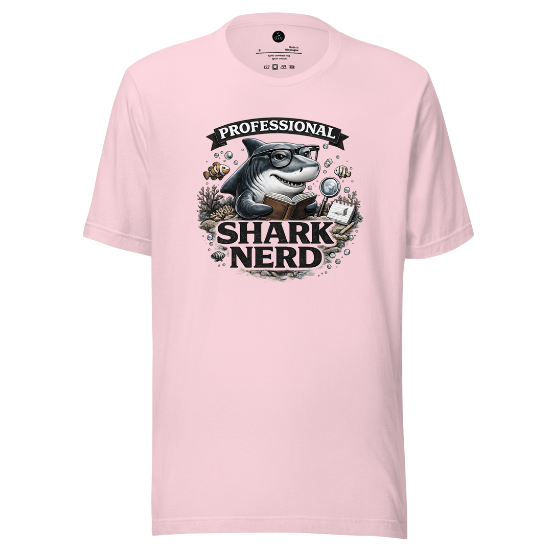 Pink t-shirt with a shark graphic and professional shark nerd text on a white background