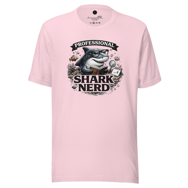 Pink t-shirt with a shark graphic and professional shark nerd text on a white background