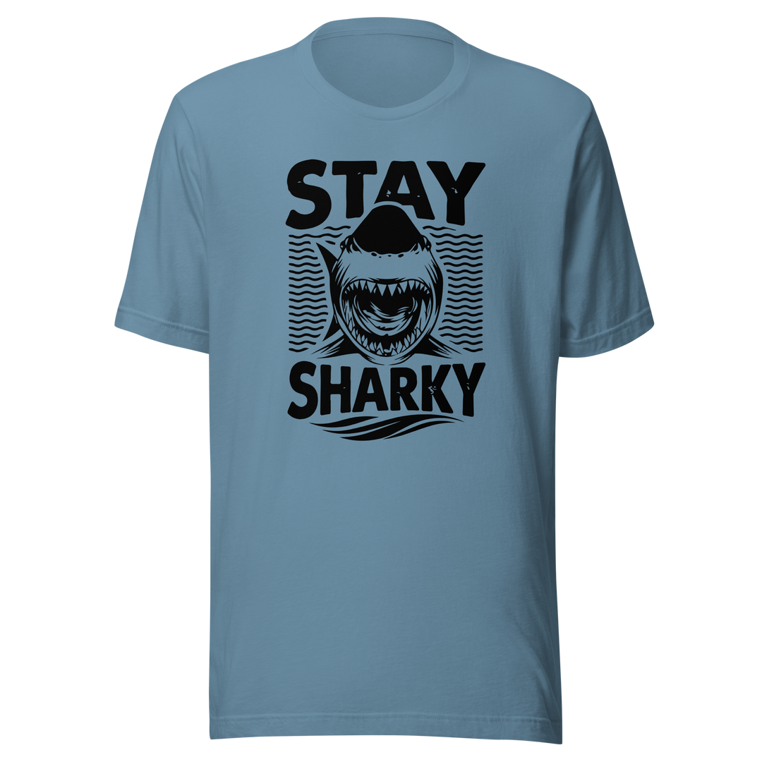 Blue t-shirt with black shark graphic and text 'Stay Sharky' on a white background