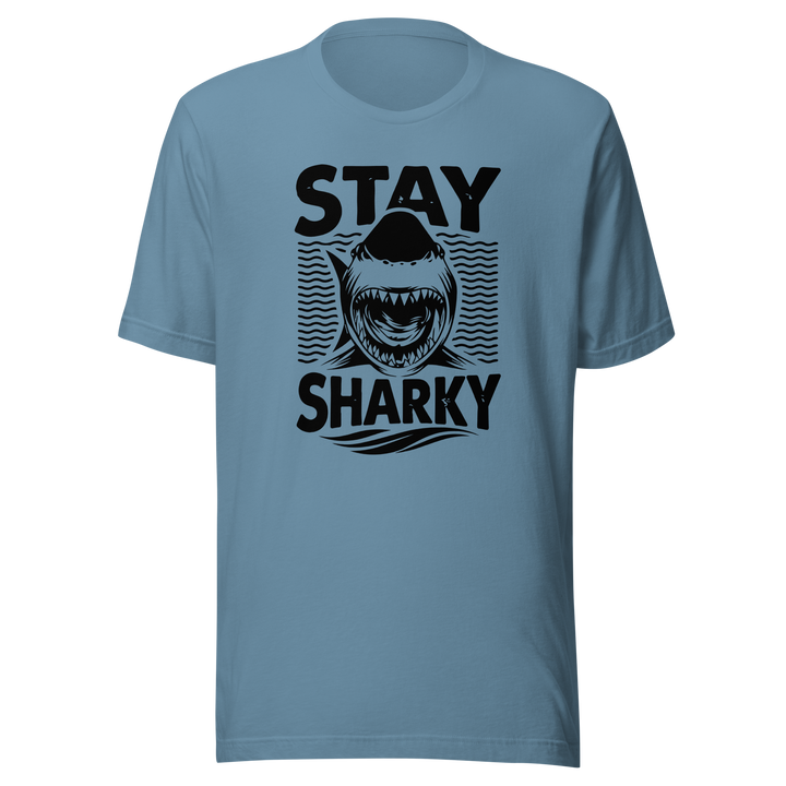 Blue t-shirt with black shark graphic and text 'Stay Sharky' on a white background
