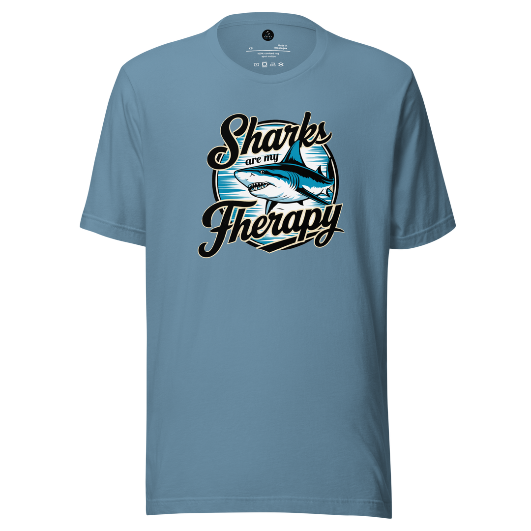 Blue t-shirt with 'Sharks are my Therapy' graphic design on a white background
