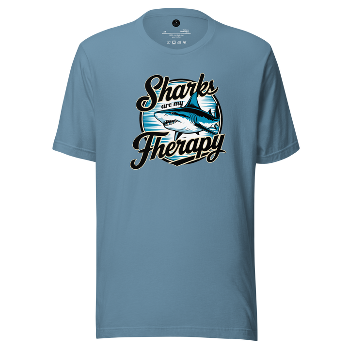 Blue t-shirt with 'Sharks are my Therapy' graphic design on a white background