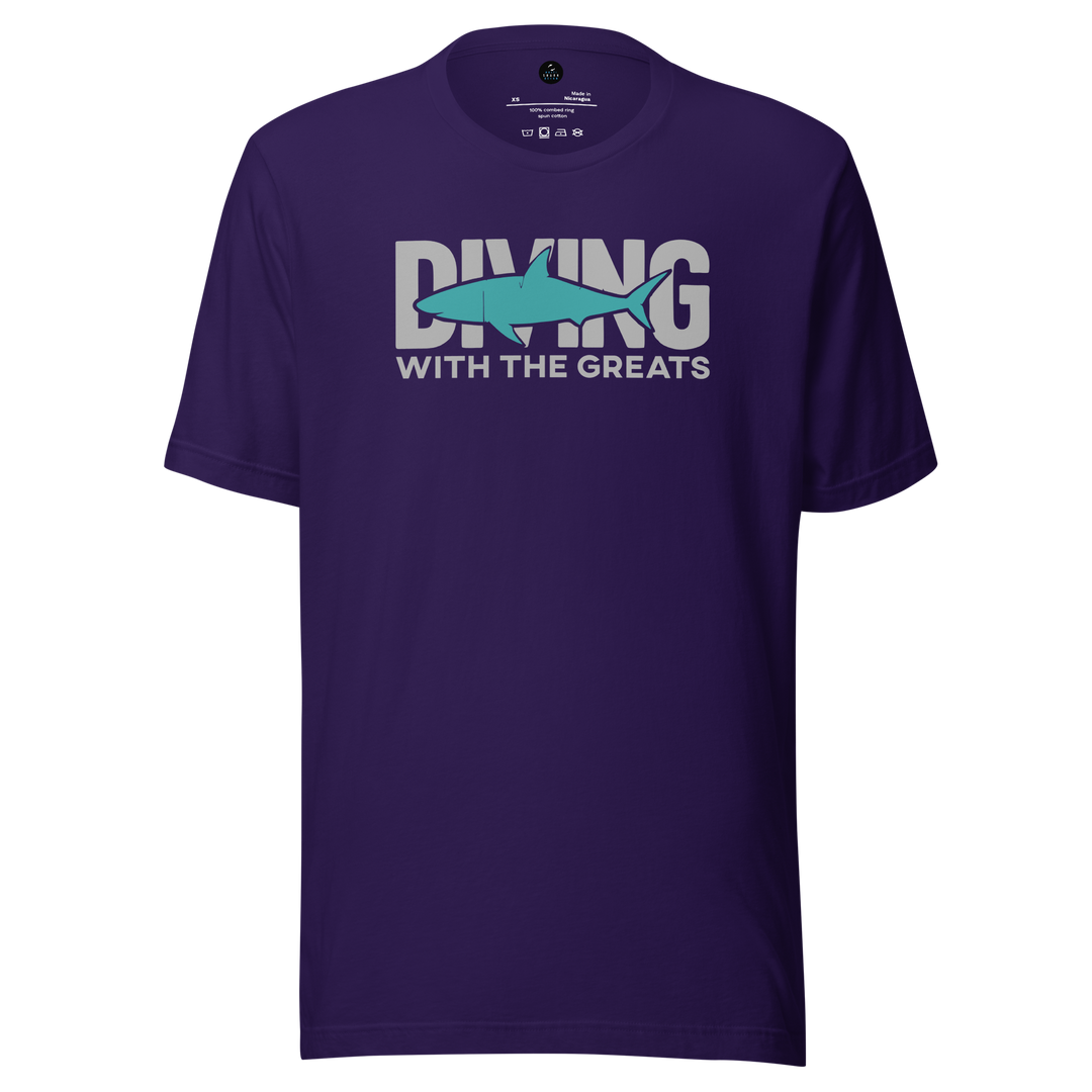 Purple t-shirt with 'Diving with the Greats' text and shark graphic on a white background