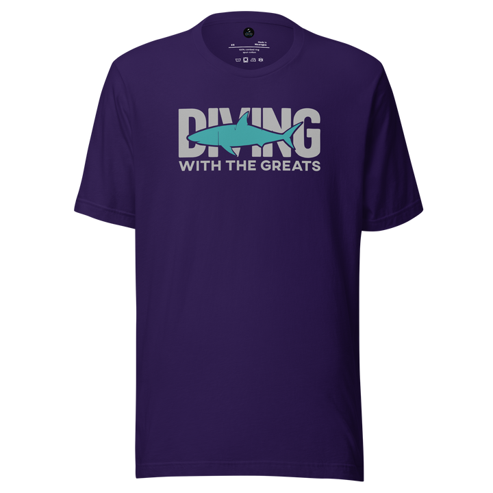 Purple t-shirt with 'Diving with the Greats' text and shark graphic on a white background