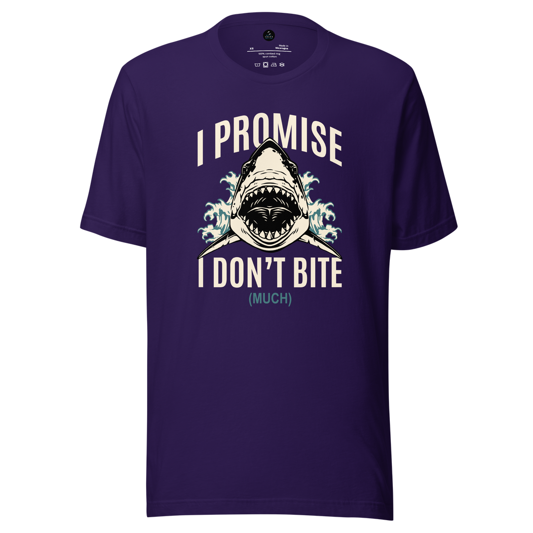 Purple t-shirt with a shark graphic and i promise i don't bite much text on a white background