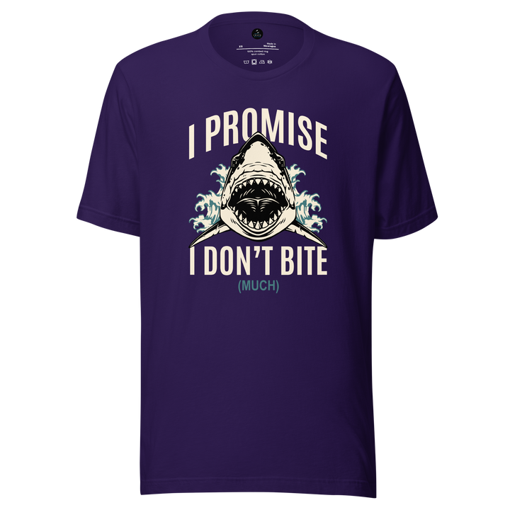 Purple t-shirt with a shark graphic and i promise i don't bite much text on a white background